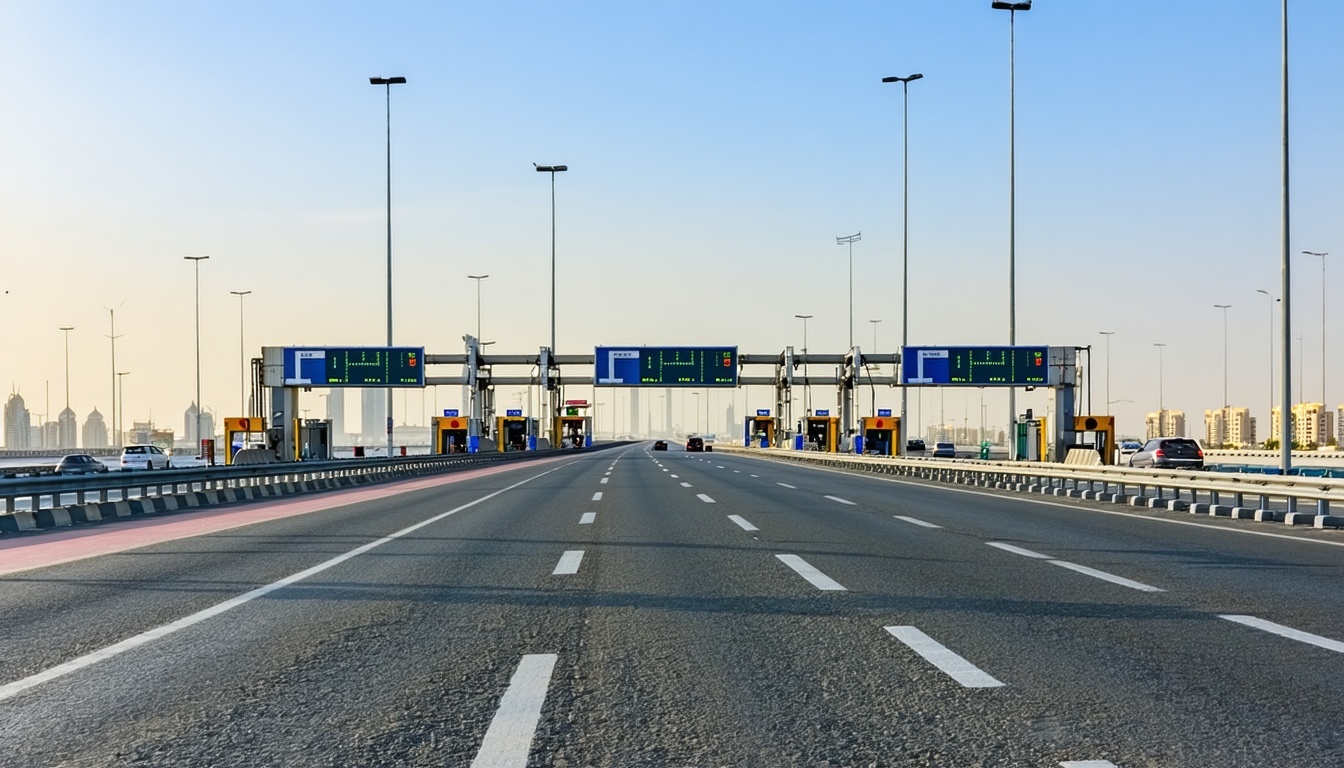Modern Dubai highway with electronic toll gate