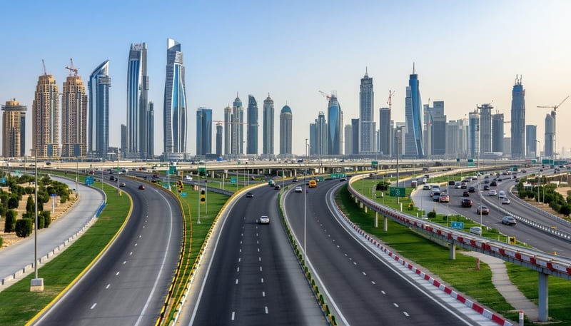 Dubai city skyline with highways and toll roads